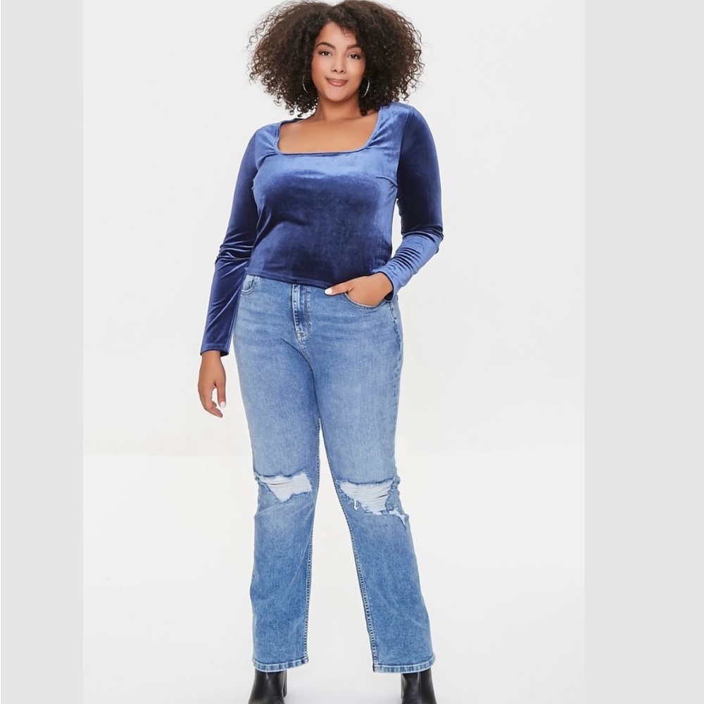 New! Blue Velvet Crop Long-sleeve Top |Plus Size